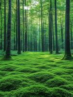 A serene forest scene with lush green moss and tall trees, creating a tranquil atmosphere. photo