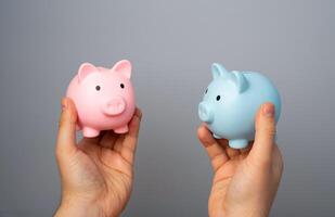 Blue and pink piggy banks in hands. Concept of different budgets of partners or spouses with their needs and incomes. Consumer gender patterns. Separate budget. photo