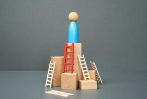 Man figure climbed to the top using the red ladder as a symbol of the correctly chosen method or tool. Achieve success, choose the right path, take out a loan to start a business or fulfill a dream. photo