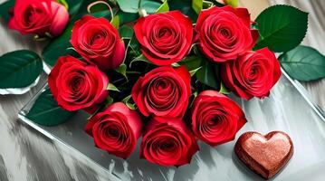 A bouquet of bright roses and a small chocolate heart in a glittery wrapper adding a romantic element. photo
