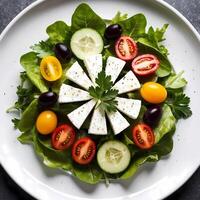 A fresh, bright salad on a white round plate with a colourful combination of ingredients from top to bottom. photo