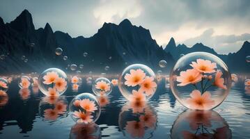 A surreal landscape with large translucent bubbles containing delicate peach colored flowers floating on the surface of the water. photo