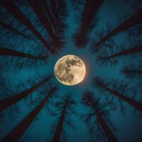 Tall, slender trees with bare branches stretch upwards straight towards the bright moon in the night sky. photo