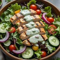 Roasted chicken salad with Greek dressing, served on a platter with greens and colorful vegetables, cucumber, tomato, lettuce, red onion slices and fresh herbs, in a wooden bowl. photo