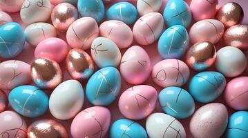 A collection of Easter eggs, mostly in pastel colors including pink, blue, white and rose gold, create a soft and festive atmosphere. photo