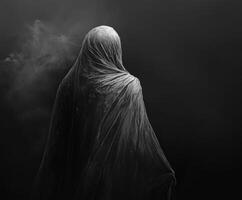 Mysterious figure draped in sheer fabric in a dark setting photo
