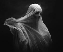Ethereal figure draped in flowing fabric against a dark background photo