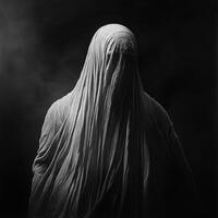 Mysterious figure shrouded in white fabric against dark background photo