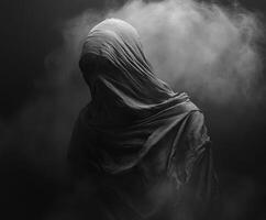 Mysterious figure shrouded in darkness in a smoky environment photo