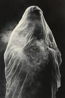 Mysterious figure shrouded in mist against a dark background photo
