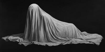 Mysterious figure covered with draped fabric on dark background photo