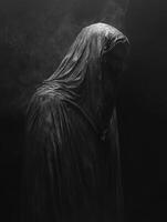 Mysterious hooded figure shrouded in smoke in dark setting photo