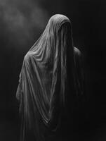 Mysterious figure cloaked in dark fabric in a shadowy environment photo