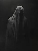 Mysterious figure shrouded in dark fabric against a shadowy background photo