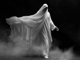 Mysterious figure in flowing white fabric walks through a foggy environment photo