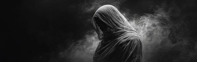 Mysterious figure in dark attire surrounded by swirling fog during nighttime photo