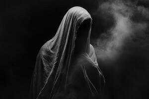 Mysterious figure shrouded in smoke and darkness creating an eerie atmosphere photo