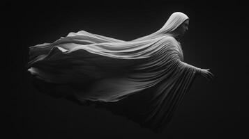Ethereal figure in flowing drapery moving gracefully through darkness photo