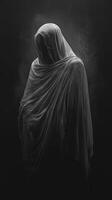 Mysterious figure cloaked in dark fabric against a black background photo