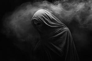 Dark figure shrouded in smoke evokes feelings of mystery and fear photo