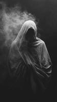 Dark figure shrouded in mist conveying an eerie presence in a dim setting photo