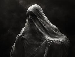 Mysterious figure shrouded in ethereal fabric in dark surroundings photo