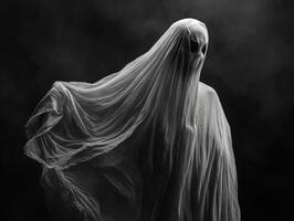 Mysterious figure shrouded in wispy fabric in a dark atmosphere photo