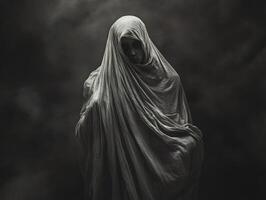 Mysterious figure cloaked in dark fabric in a shadowy setting photo