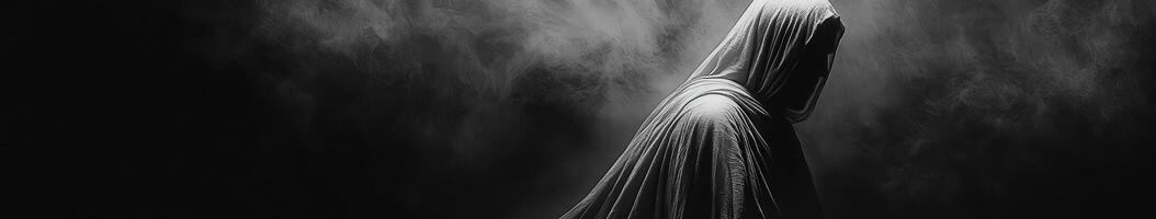 Mysterious figure in flowing cloak against a dark, smoky background photo