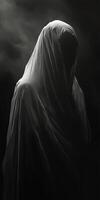 Mysterious figure shrouded in dark fabric appears in dimly lit space photo