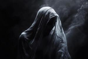 Mysterious figure in a veil surrounded by swirling smoke at night photo