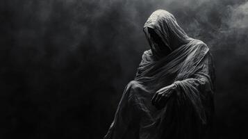 Mysterious figure draped in dark fabric in an eerie setting photo