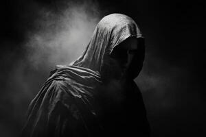 Mysterious figure cloaked in darkness surrounded by swirling fog photo