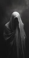 Mysterious figure shrouded in dark fabric stands in low light environment photo