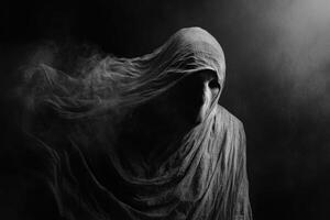 Mysterious figure draped in tattered cloth amidst dark atmosphere photo