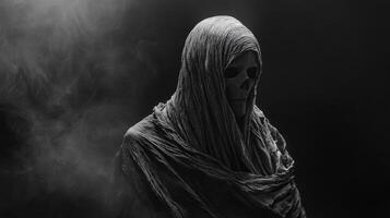Mysterious figure in dark shroud with skull in smoky environment photo