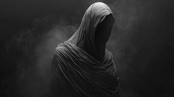 Mysterious figure draped in dark fabric against smoky background photo