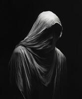 Mysterious figure shrouded in a dark hooded cloak in low light setting photo