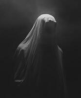 Mysterious figure covered in white fabric stands in foggy darkness photo