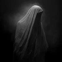 Mysterious figure shrouded in gray fabric against dark background photo