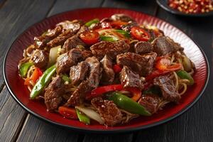 Delicious stir-fried noodles with beef and vibrant vegetables served in a bowl photo
