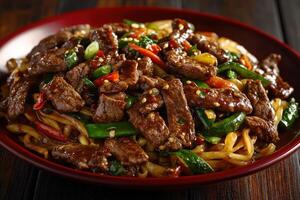 Delicious stir-fried beef with vegetables and noodles served in a bowl photo