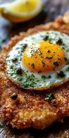 Popular dish featuring fried egg, crispy coating, and garnish on a plate photo