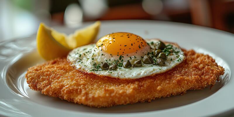 Crispy fish fillet topped with fried egg and lemon wedges