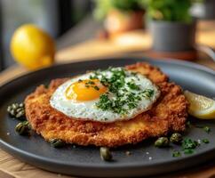 Crispy breaded cutlet topped with a fried egg and garnished with herbs photo