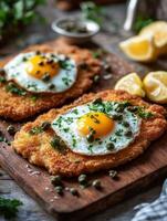 Delicious breaded chicken cutlet topped with fried eggs and capers photo