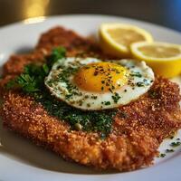 Delicious crispy schnitzel topped with sunny-side-up egg and lemon wedges photo