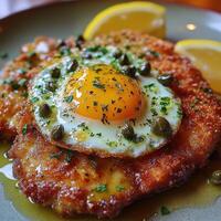 Crispy fried fish topped with egg and capers served on a rustic plate photo