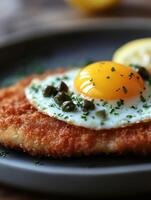Crispy dish with fried egg and capers garnished with lemon slices photo