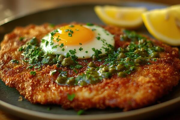 Crispy fried dish with a sunny side egg, capers, and lemon wedges on a plate